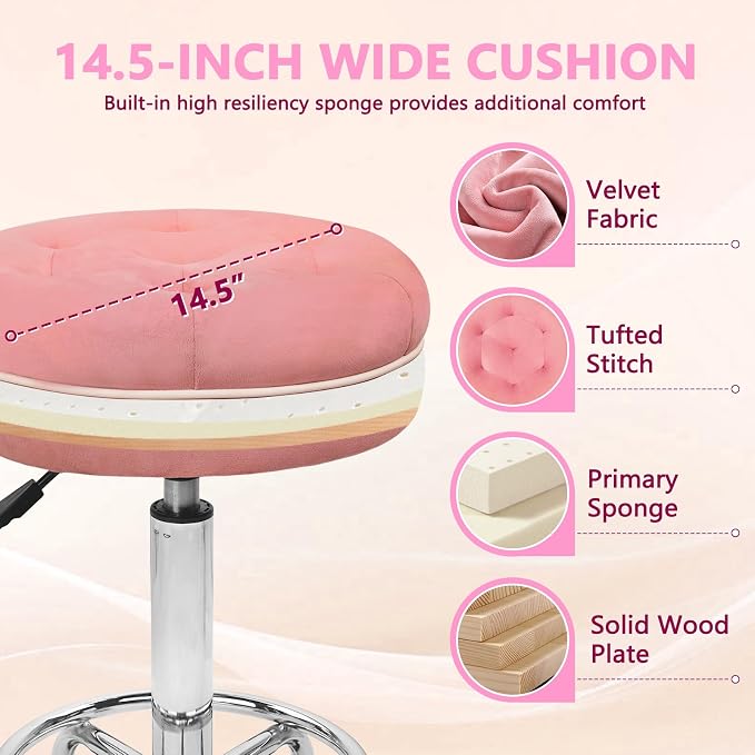 KLASIKA Velet Rolling Bar Stool with Wheels, Tall Drafting Stool with Adjustable Height and Footrest, Multi-Purpose Office Desk Chair for Home Kitchen Shop Work, Pink (2PK)