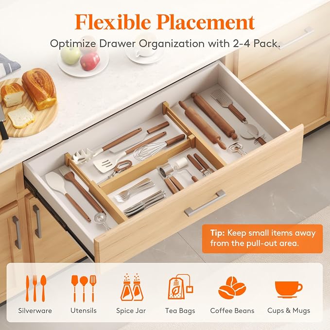 Lifewit 2.4" High 8 Pack Bamboo Drawer Dividers 33-42cm/13-16.5" Adjustable Wooden Drawer Organizer for Clothes/Utensils, Expandable Drawer Separator for Dresser/Kitchen/Bedroom/Office Organization