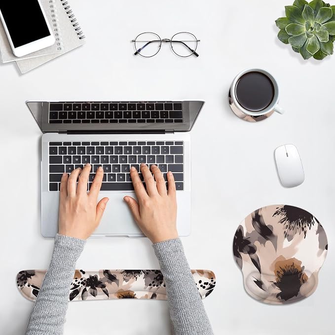 Britimes Brown Boho Tribal Flower Ergonomic Mouse Pad Set with Wrist Rest Non-Slip Rubber Base Wrist Cushion Support and Coasters Mousepad with Wrist Support for Computer Keyboard and Desk
