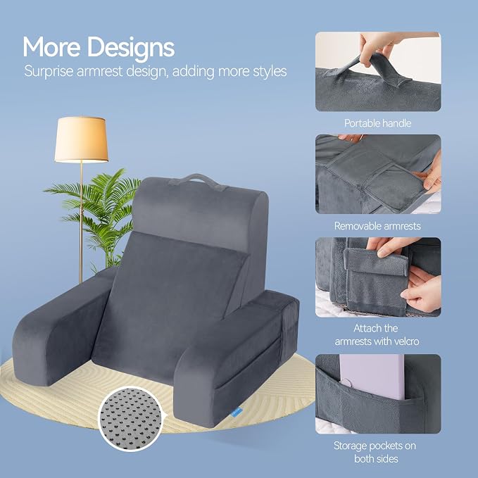 Kayfia Reading Pillow, Gel Memory Foam Back Rest Pillow, 21'', Gray | 3 Storage Pockets, Dual-Use Back Leg Support Pillow, Detachable Armrests, Ideal for Reading, Gaming, Working on Bed & Couch