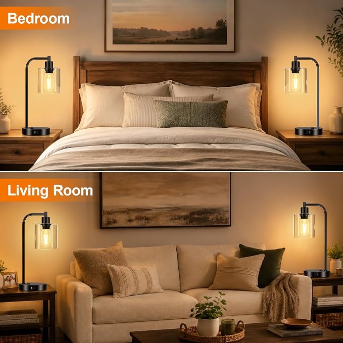 Set of 2 Industrial Touch Control Table Lamps with USB C+A Ports and AC Outlet - 3-Way Dimmable Black Bedside Lamps Nightstand Desk Lamps for Bedroom Living Room, Glass Shade & 2 LED Bulbs Included