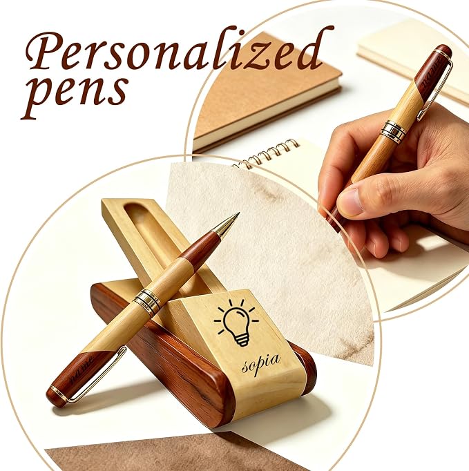 Custom Pen Set with Name Text Personalized Wood Ballpoint Pens Box Customized Engraving Pen Gift Set for Men Women Boss Colleagues Friends Graduation Christmas Fathers Day (Custom Pen 1)