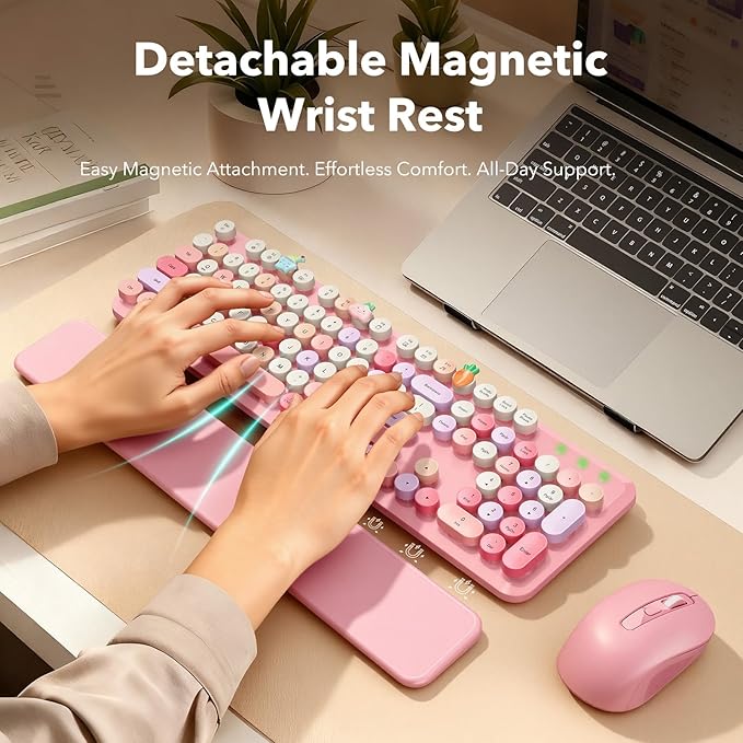 Wireless Keyboard and Mouse Combo, Cute Retro Typewriter Keyboard with Round Keycaps, Full-Size Aesthetic Keyboard with Magnetic Wrist Rest, 2.4GHz USB for Windows/Mac Desktop Laptop(Pink Multi-Color)