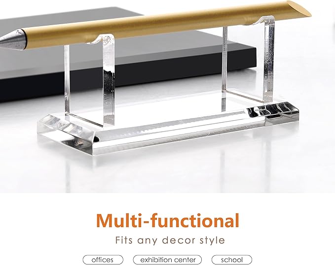 YUXUN Acrylic Pen Holder for Desk - Horizontal Single Pen Display Stand with 8mm Thick Base | Fountain Pen Rest, Apple Pencil Stand, Crystal-Clear Desk Organizer