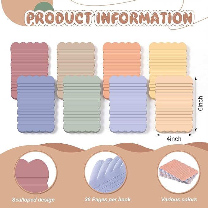 Eaasty 8 Pack Scalloped Sticky Notes Cute Adhesive Memo Pads Vintage Colors Aesthetic Lined Self Stick Note Pads 4" x 6" Pretty Wavy Sticky Notes Bulk 240 Sheets for School Office Supplies