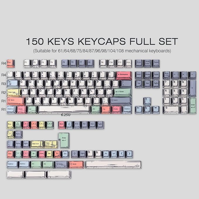 Tsungup Manga PBT Keycaps,150 Keys Japenese Anime Style Keycap Set Cherry Profile Dye-sub Custom Keycaps Keyboard Key caps for 60%, 65%, 75%, 100% Mechanical Keyboards