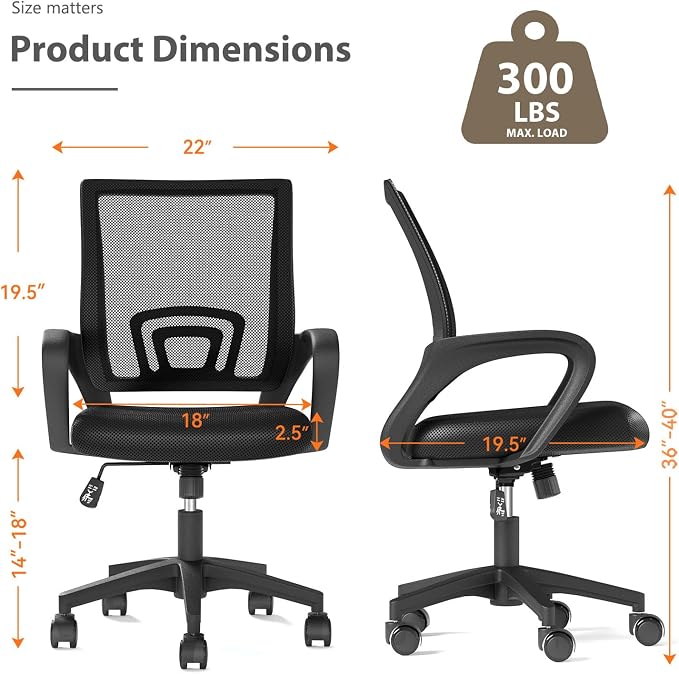 OS MOTOR Home Office Chair, Ergonomic Mid-Back Mesh Desk Chair with Lumbar Support, Adjustable Swivel Rolling Design, Comfy Armrest for Work, Study, Gaming, Vanity, Black | Lumbar Support, Adjustable Height, Swivel Rolling Design, Comfy Armrest, Home, ...