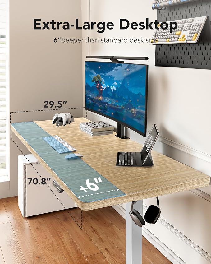 HUANUO 71 x 30 inch Electric Standing Desk, Powerful Brushless Motor Large Height Adjustable Table, 4 Memory Preset Sit Stand Up Desk, Home Office Computer Table with Thick T-Shaped Frame, Natural