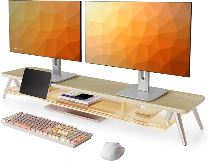 Fenge Dual Monitor Stand with 8-Mode LED Lights and Frosted Shelf, Oak | Sturdy Aluminum Legs, Built-In Phone & Tablet Slot, 2-Tier Storage, 42.5-Inch Desk Shelf for Gaming, Home Office & Streaming