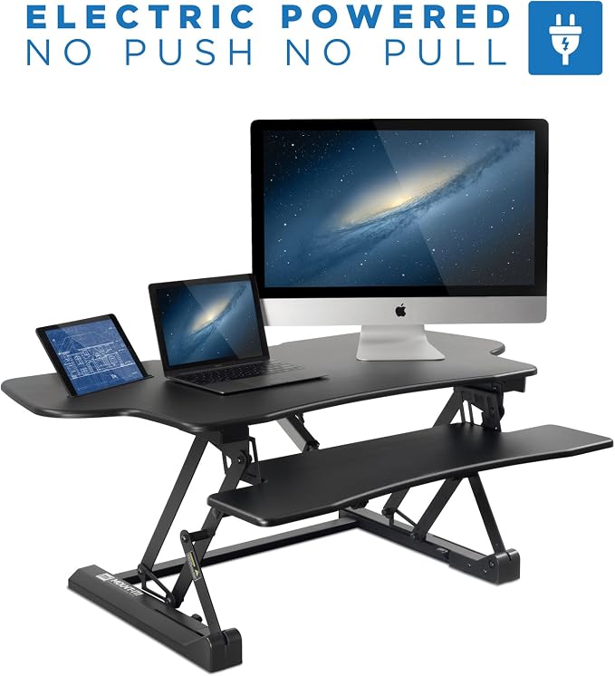 Mount-It! 48.5" Electric Standing Desk Converter for Dual Monitors, Motorized Sit Stand Electric Desk Riser with USB Port & Device Slot, Keyboard Tray, Adjustable Height Ergonomic Workstation, Black