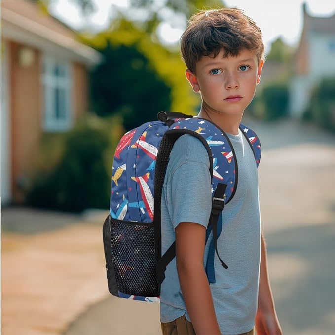 Ystardream Elementary School Bag for Boys Cartoon Airplane Backpack with Lunch Box Set for Teen Kids Backpack with Multiple Pockets Lightweight Pencil Case for Student Back to School Gift