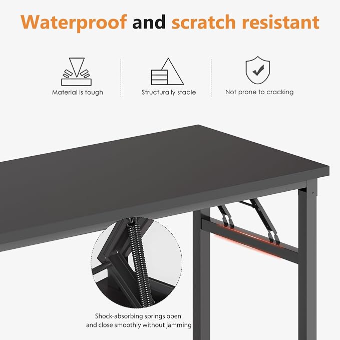sogesfurniture 62 inches Foldable Computer Desk, No Assembly Sturdy Large Laptop Workstation for Home Office, Modern Portable Folding Study Table Writing Gaming Desk for Small Spaces, Black