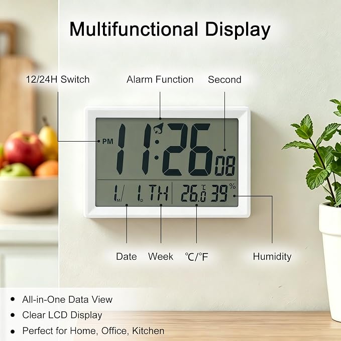 Digital Wall Clock Battery Operated with LCD Display, 6.5” Small Digital Clock with Seconds/Temperature/Humidity/Snooze - 12/24H, Digital Alarm Clocks for Bedrooms, Living Room, Office, Gym