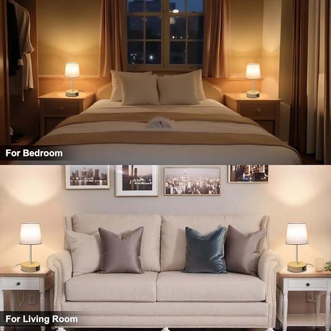 Ascher Small Bedside Table lamp Set of 2, RGB Color Changing Lamps, 3 Color Temperatures, Stepless Dimmable, Nightstand Lamp with USB C+A Ports for Bedroom Living Room, (White Shade, Wood Grain Base)