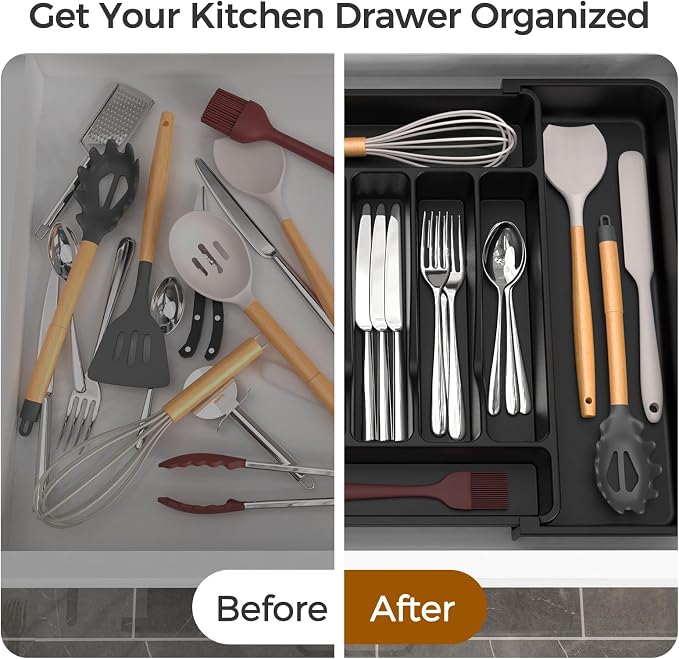 ukeetap Extra Large Expandable Silverware Organizer, BPA-Free Food-Safe Cutlery Flatware Organizer, Kitchen Utensil Drawer Organizer, Adjustable Silverware Holder for Spoons Forks Knives, Black