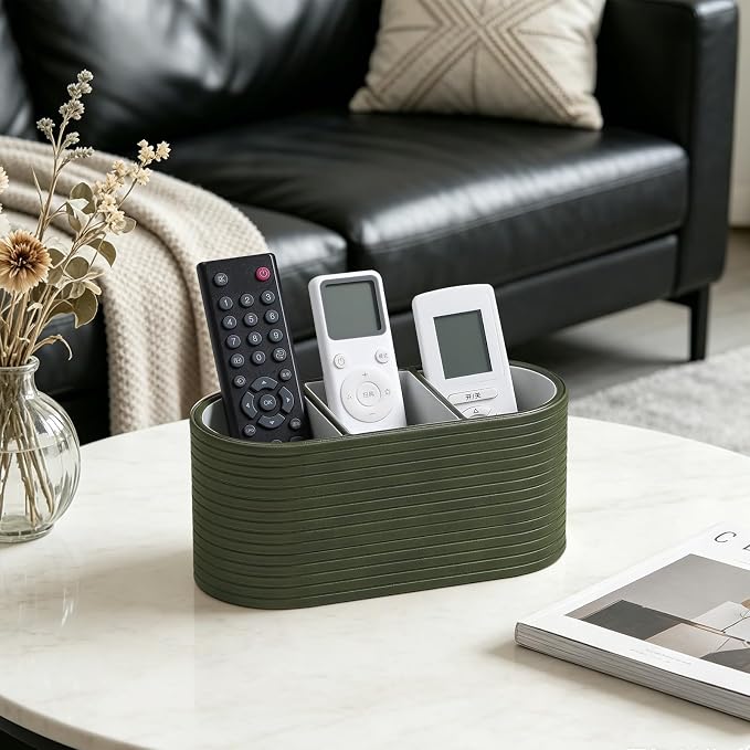 Remote Control Holder, Oval Pen Holder for Desk, Olive Green | 3-Compartment Desk Caddy for Remotes, Glasses, Pens, PU Leather Small Desk Organizer for Nightstand, Coffee Table, Office