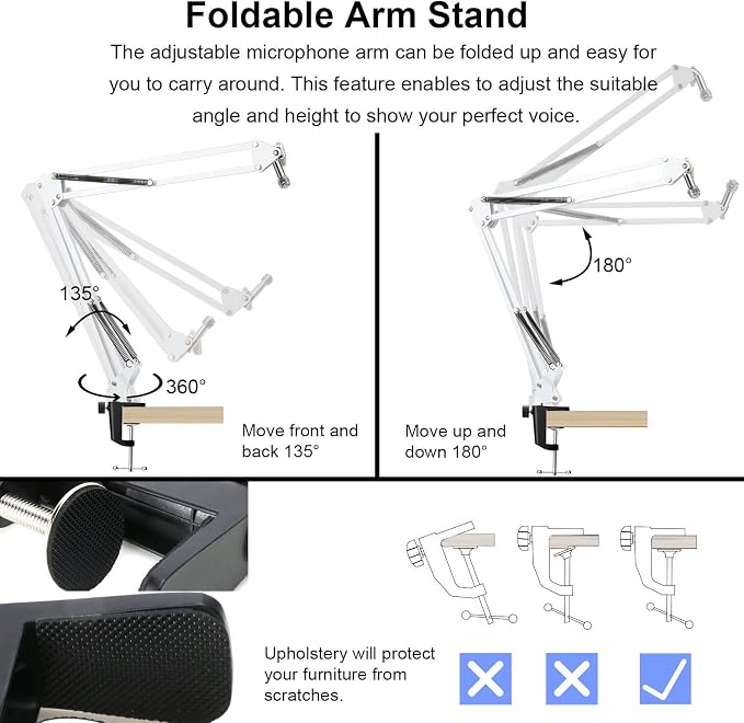 YOUSHARES Razer Seiren Mini Boom Arm with Pop Filter - Mic Stand with Foam Cover Windscreen Compatible with Razer Seiren Mini Streaming Microphone(White)