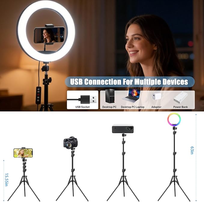 12'' Ring Light with Stand 75'' Tall & Phone Holder, 100+ Color Modes Selfie Light with Tripod Stand, Big LED Circle Lights for iPhone/Android/Camera/YouTube/Makeup/Live Stream/TikTok/Video