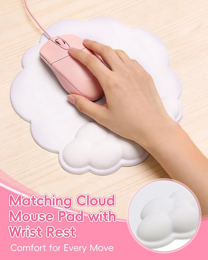 Cloud Wrist Rest Set for Keyboard and Mouse, Cute Memory Foam Wrist Support & 2-in-1 Adjustable Keyboard Stand, Silky Lycra Surface, Two Typing Angles, Non-Slip Base (White)
