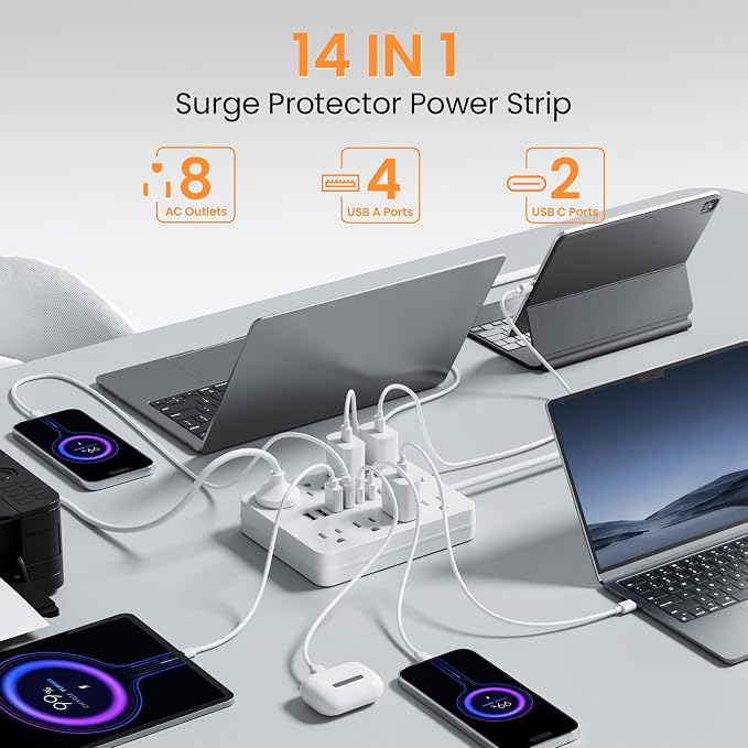 Surge Protector Power Strip - 8 Outlets(1850W/15A/14AWG) 4 USB A（2 USB C, 15FT Flat Plug Extension Cord, Wall Mount Multi Plug Outlet Extender, ETL Listed for Home, Dorm Room
