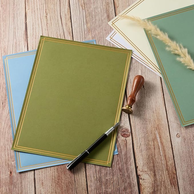 60 Pack Stationery Set Paper with Gold Border, 8.5x11 Inch Paper Sheets for Writing Letters, Letter Size Writing Paper (Olive Green, 8.5x11 inches)