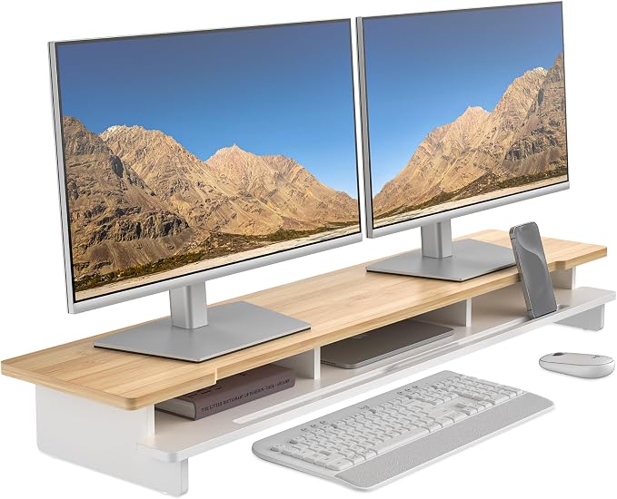 42.5" Dual Monitor Stand Riser with Phone Holder Desk Shelf White | Double Computer Monitor Stand for 55-72" Desk Wood Storage Organizer Cozy Computer Setup Workplace Organizer Keyboard Storage