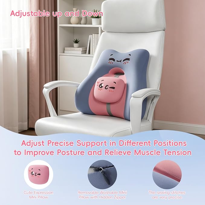 BEBAS Lumbar Support Pillow for Car & Office Chair - Ergonomic Back Support Cushion with Adjustable Memory Foam Bolster, Cute Cartoon Design, Lower Back Pain Relief for Driving & Desk Work - Blue