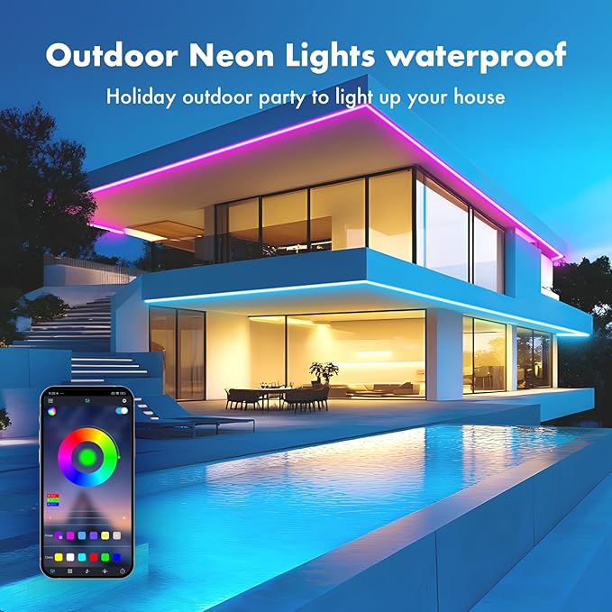 SILFU Neon Rope Lights, 65.6FT RGB LED Strip Lights, Waterproof IP67 LED Lights for Bedroom, DIY Design, Music Sync, 44 Key Remote Control, Multiple Modes for Bedroom, Holiday Decoration， (2 x 32.5ft)
