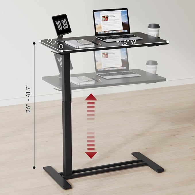 SANODESK 32'' Mobile Standing Desk with Hidden Wheels,Pneumatic Laptop Desk | Sofa Computer Cart Movable Height Adjustable Table Small Sit Stand Desk for Home Office Hospital Use,31.5" W x 17.7" D,Black