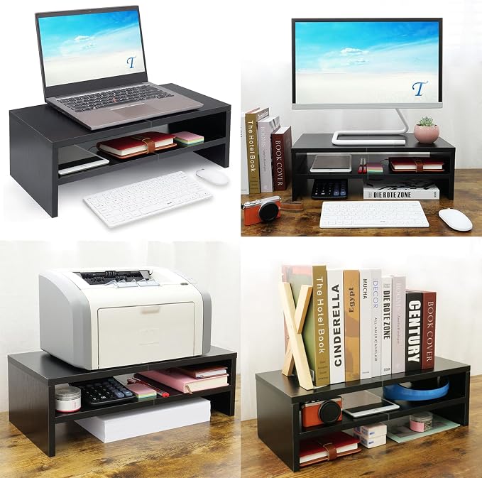 TEAMIX 2 Tiers Wooden Desktop Monitor Stand Riser 20 Inch Printer Stand with Double Storage Small TV Riser Laptop Keyboard Holder Business Desk Organizer Shelf Black Bookshelf | Laptop/PC/Printer Stand, Wood Desk Bookshelf, Ergonomic Design, Holds 80 L...