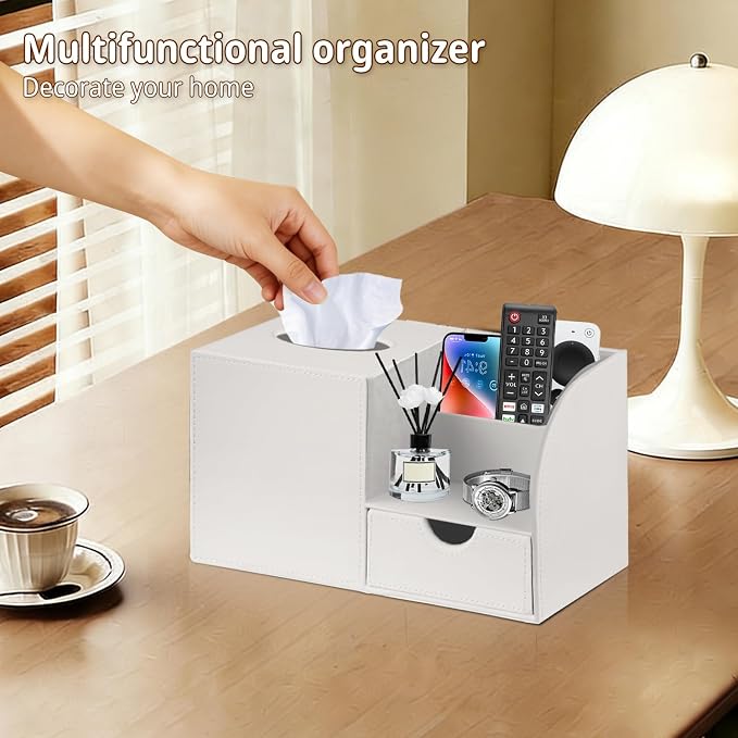 Square Tissue Box Cover with Storage Drawer,Facial Tissues Cube Box Holder | PU Leather Modern Remote Control Holder,Nightstand Organizer Caddy for Bathroom Vanity, Makeup,Office and Home Desktop Decor
