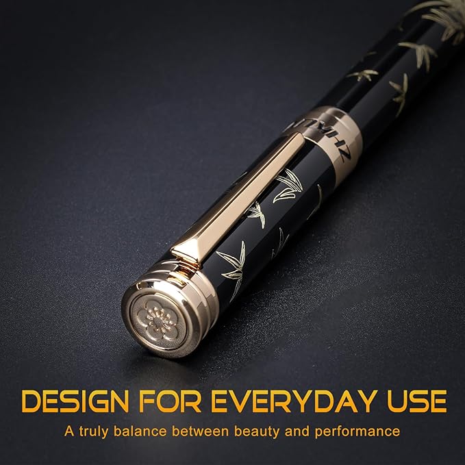 ZHKUVE Luxury Rollerball Pen,Stunning Black Lacquer with bamboo leaf patterns,Switzerland Tip with Black Ink Refills, Elegant Gift Set For Men & Women, Executive Writing, Nice Fancy
