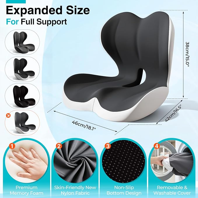 Seat Cushion for Office Chair and Car, L-Shaped Memory Foam Truck Driver Seat Cushion, Ergonomic Sciatica & Tailbone Pain Relief Cushion with Non-Slip Breathable Cover, Back Support for Office Chair