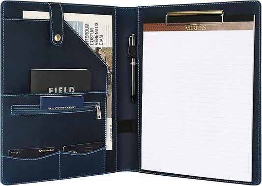 DUKE&COW Personalized Leather Portfolio for Men, Engraved Clipboard Portfolio Binder, Custom Leather Resume Padfolio for Women for His/Her (Clipboard, Blue)