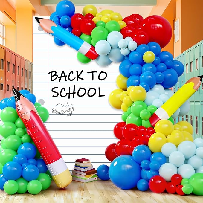 Welcome Back to School Party Decor Rainbow Balloons Arch Kit with Pencil Balloon Backdrop Giant Inflatable Pencil Notebook Photo Props for First Day of School Kindergarten Classroom Supplies(Colorful)