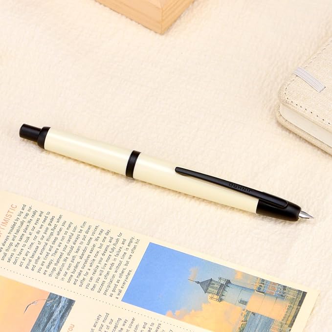 Jinhao 20 Press Fountain Pen, Ivory White Retractable Medium Nib with Ink Converter Set (Black Clip)