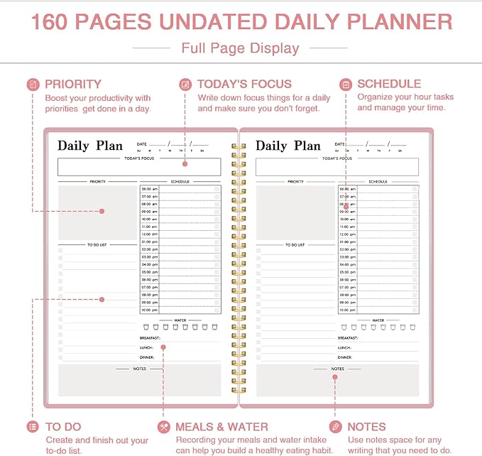 Undated Daily Planner with Hourly Schedule - One Page Per Day for Productivity, Goal Setting & Time Management, Flexible for Professionals & Students