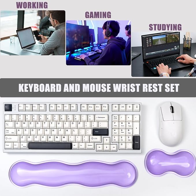 Ergonomic Silicone Gel Keyboard and Mouse Wrist Rest Set – Clear Wrist Rest for Keyboard 60%/68%/75%, Comfort & Support for Typing and Gaming(Purple)