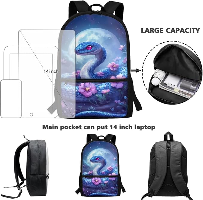 WELLFLYHOM Personalized Snake Kids School Backpack Elementary Book Bag for Girls Back Pack with Lunch Bag Pencil Case Water Bottle Cover Moon Flower Kids Daycare Bag Gift for Kids