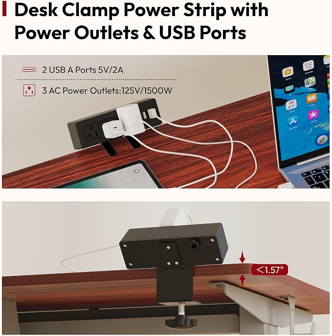 SANODESK Electric Standing Desk with Clamp Power Strip 60"x 24" Whole-Piece Desktop Height Adjustable Stand Up Desk with Cable Management Home Office Desk Silver Frame/Mahogany Top