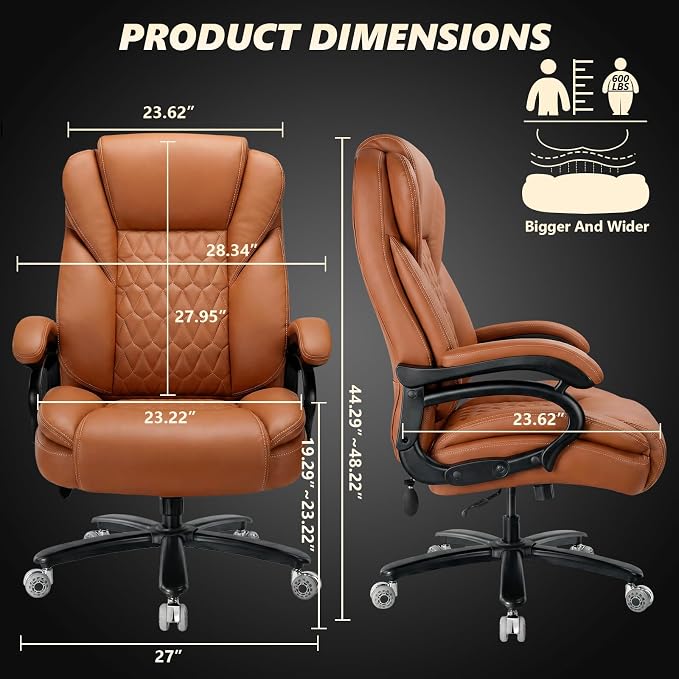600lbs Big and Tall Office Chair with Pocket Spring Cushion, Heavy Duty Office Chair for Low Back Pain Relief, Large Executive Office Chair (Classic, Brown)