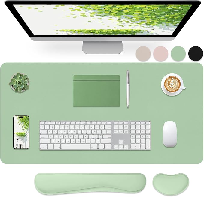 Desk Mat Set， Wrist Rest for Computer Keyboard, 3-in-1 Large Mouse Pad and Keyboard Wrist Rest Set, Non-Slip Desk Mat Protector for Office, Home(27.5×13.8 Inches, Lake Green)