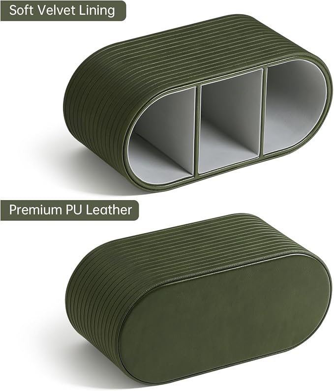 Remote Control Holder, Oval Pen Holder for Desk, Olive Green | 3-Compartment Desk Caddy for Remotes, Glasses, Pens, PU Leather Small Desk Organizer for Nightstand, Coffee Table, Office