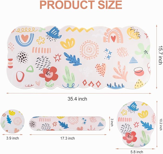 Petmolico Desk Pad Set with Wrist Rest for Keyboard & Mouse, Colorful | Anti-slip PU base, durable Lycra & memory foam, relieves wrist fatigue, perfect for work, home & daily use