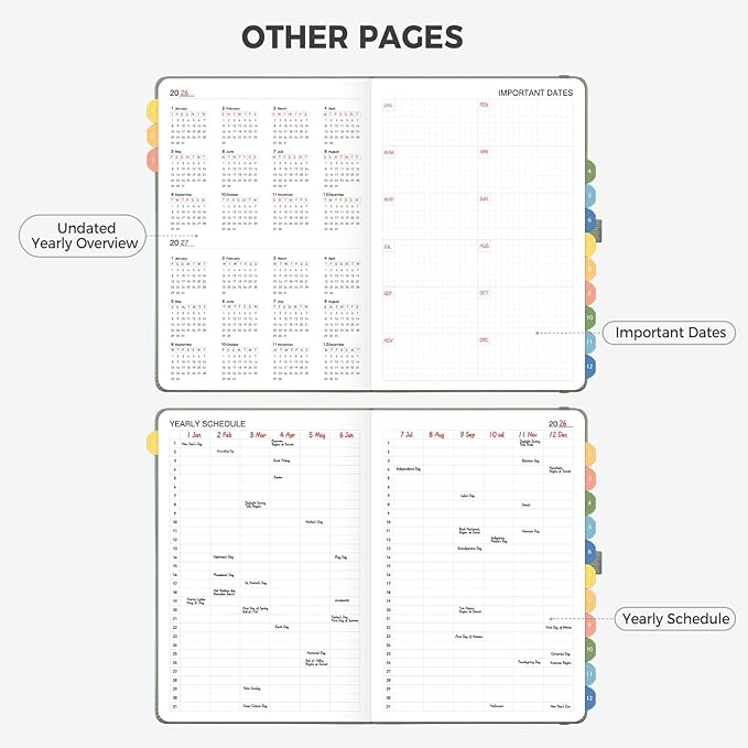 Daily Planner Undated, Appointment Book for Hourly, Daily and Monthly, 365 Days, One Page a Day, Medium Size (5.7" x 8.3"), Leather Hardcover, 12 Self-adhesive Monthly Tabs (Light Green)