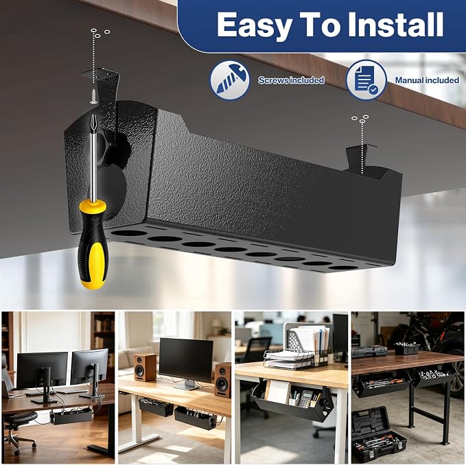 POCHAR Under Desk Cable Management Tray, 15" Power Strip Holder | Heavy Duty 1.7mm Steel Wire Organizer with 9-Cord Routing Openings, Screw Mount Cord Management for Standing Desk Home Office