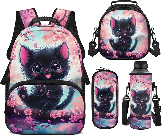Girls 17 Inch Black Cat Backpack Set 4PCS, Cherry Blossoms Cute Cartoon Bookbag with Lunch Bag, Pencil Case & Bottle Sleeve for Elementary Kids Ages 6-8 Back to School