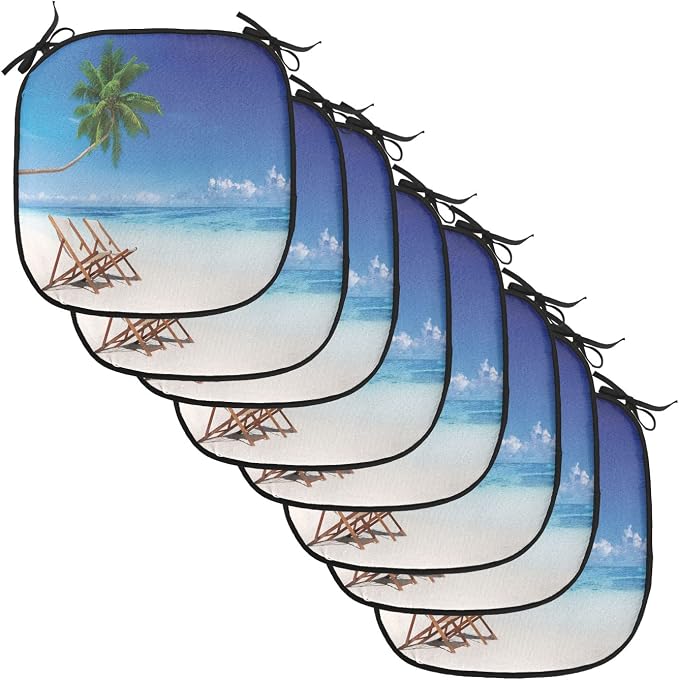 Lunarable Coastal Chair Cushion Pads Set of 8, Havana Paradise Beach Exotic Travel Locations in The Morning Tropical Climate, Anti-Slip Seat Padding for Kitchen & Patio, 16"x16", Blue Brown White