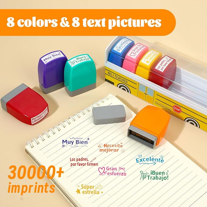 8Pcs Spanish Teacher Stamps for Classroom Rubber Self Inking Grading Stamps Set Motivation Teacher Stamp Set for Bilingual School Elementary Kid Homework Reward Supplies, Sellos para Maestros