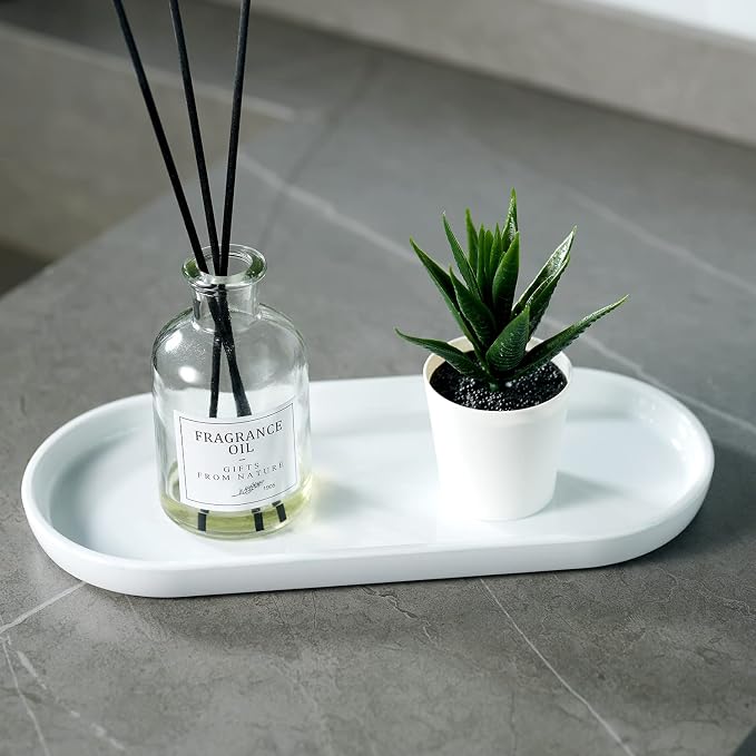 SheeChung Acrylic Vanity Tray, Bathroom Makeup Organizer Countertop, White | 9.65" x 4.5", Perfume Jewelry Candle Dispenser Catchall Tray, Sturdy Holder for Cabinet Shelf Closet Drawer Organizer, 2 Pack